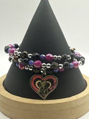 Y2K Disney Hannah Montana Beaded Heart Charm Bracelet Purple Black McBling